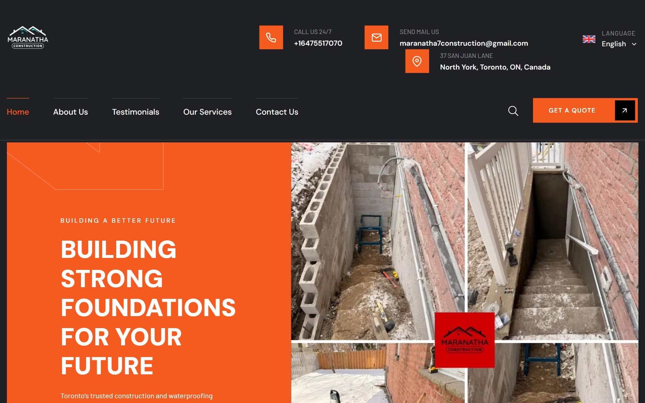Maranatha Construction — Construction & Waterproofing · Toronto website by BrandVexo